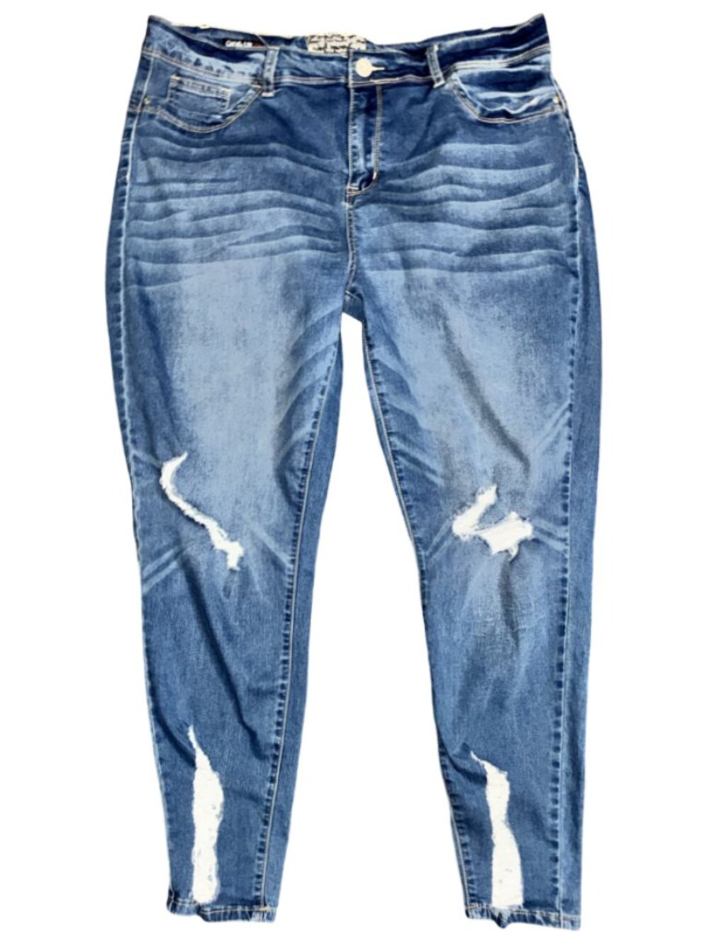 Sz.18*Hot Kiss*Whiskered Ripped-Up Skinny Blue-Jeans--High-Rise